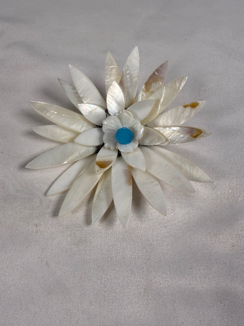 Vintage Mother of Pearl Flower Brooch Blue Cabochon Shell Statement Pin